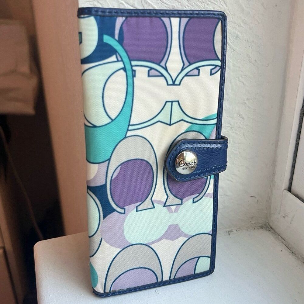 COACH Kyra Daisy Scarf Print Nylon + Leather Snap Close Wallet